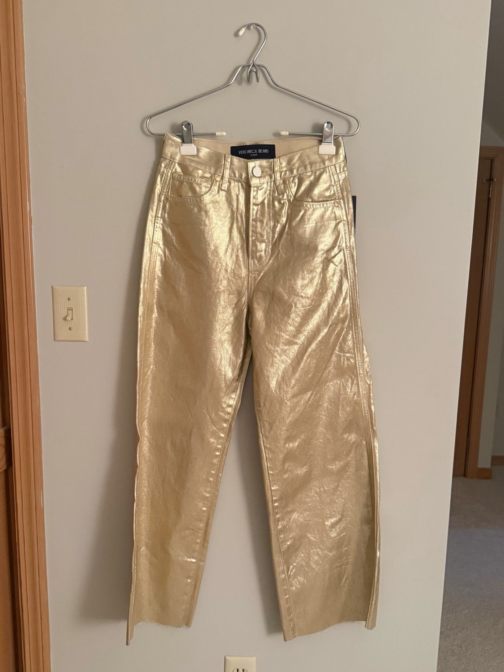 Veronica Beard Taylor Cropped High Ride Metallic Gold Wide-Leg Jeans